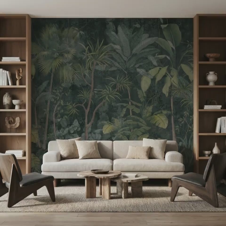 Dark Green Tropical Jungle Wallpaper Mural, Vintage Botanical Wall Art (Peel and Stick)-WP0033