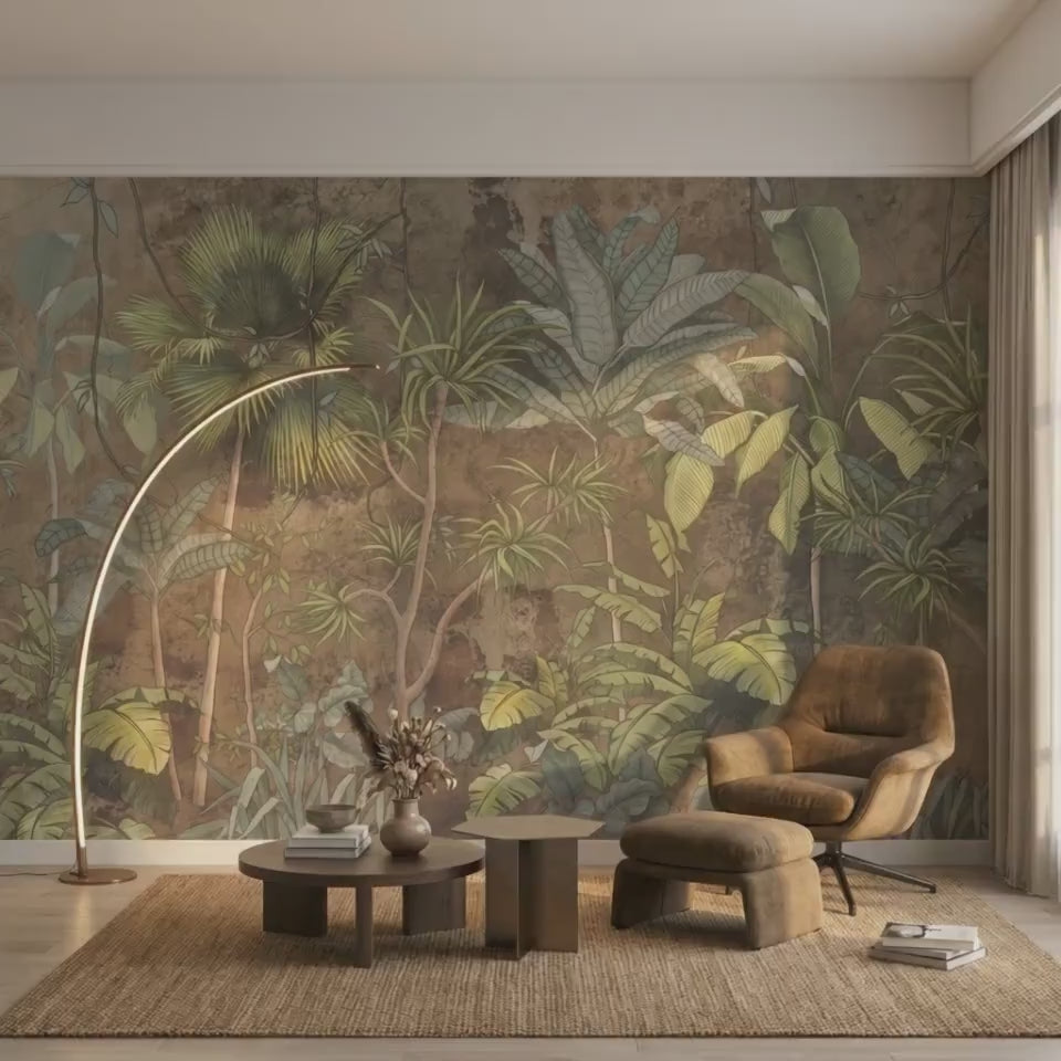 Earthy Brown Jungle Wallpaper Mural, Vintage Botanical Wall Decor, Moody Tropical Leaf Wallpaper, Antique Style Peel and Stick -WP0034